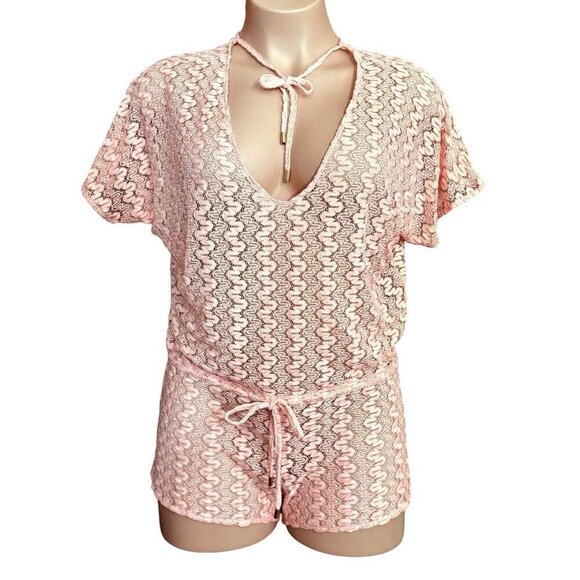 MELISSA ODABASH Lace Beach Cover-Up Women Small Peach Sheer‎ Summer Romper Italy - Picture 2 of 15